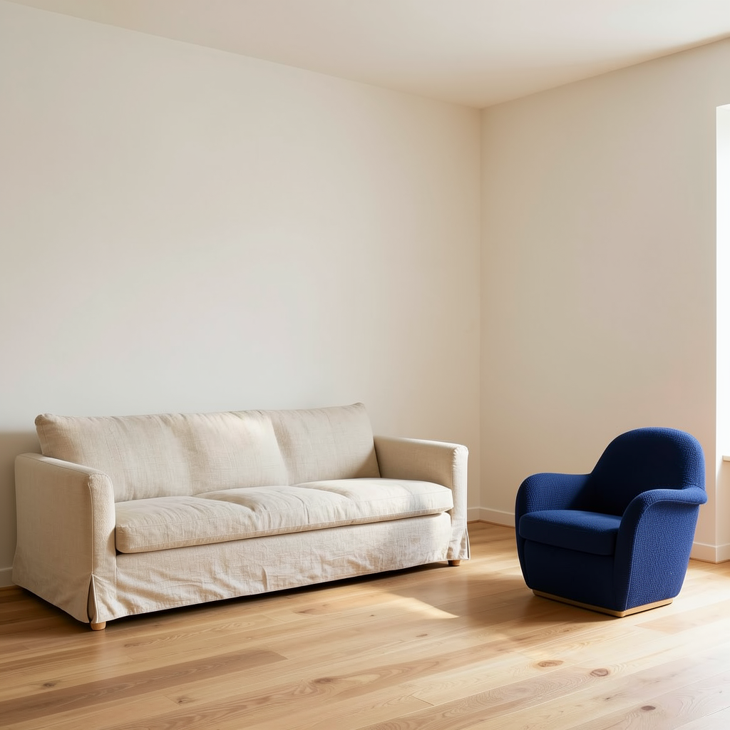 Studio changed the terracotta armchair upholstery to navy blue woven fabric. The original image and settings are included in the recipe.