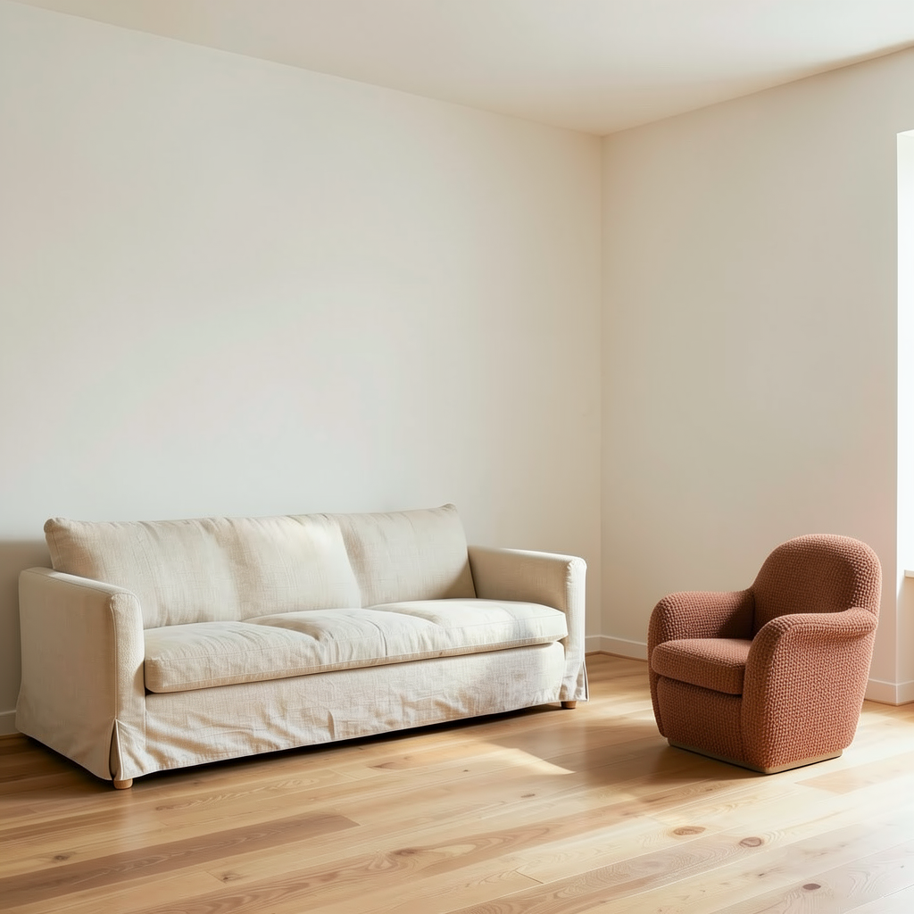 Accepted Studio result with terracotta armchair and cream sofa