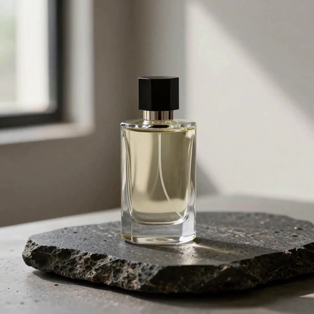 A recorded perfume still becomes a slow product push-in. The first-frame image and settings are included in the recipe.