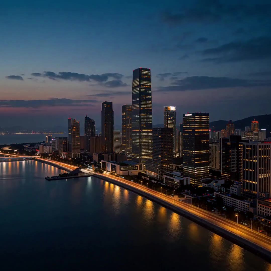 Actual DeepAny Studio start-and-end-frame result. The first frame is a dawn skyline and the last is the same view at night; the video fills the five seconds between them with moving clouds, shifting light and traffic.