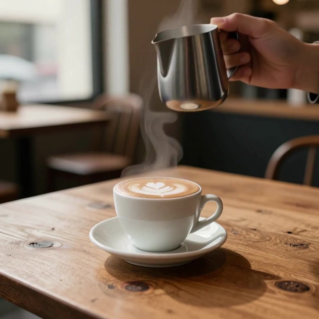 Actual DeepAny Studio start-and-end-frame result. The first frame is a black espresso and the last frame is the finished latte; the video shows the pour in between.