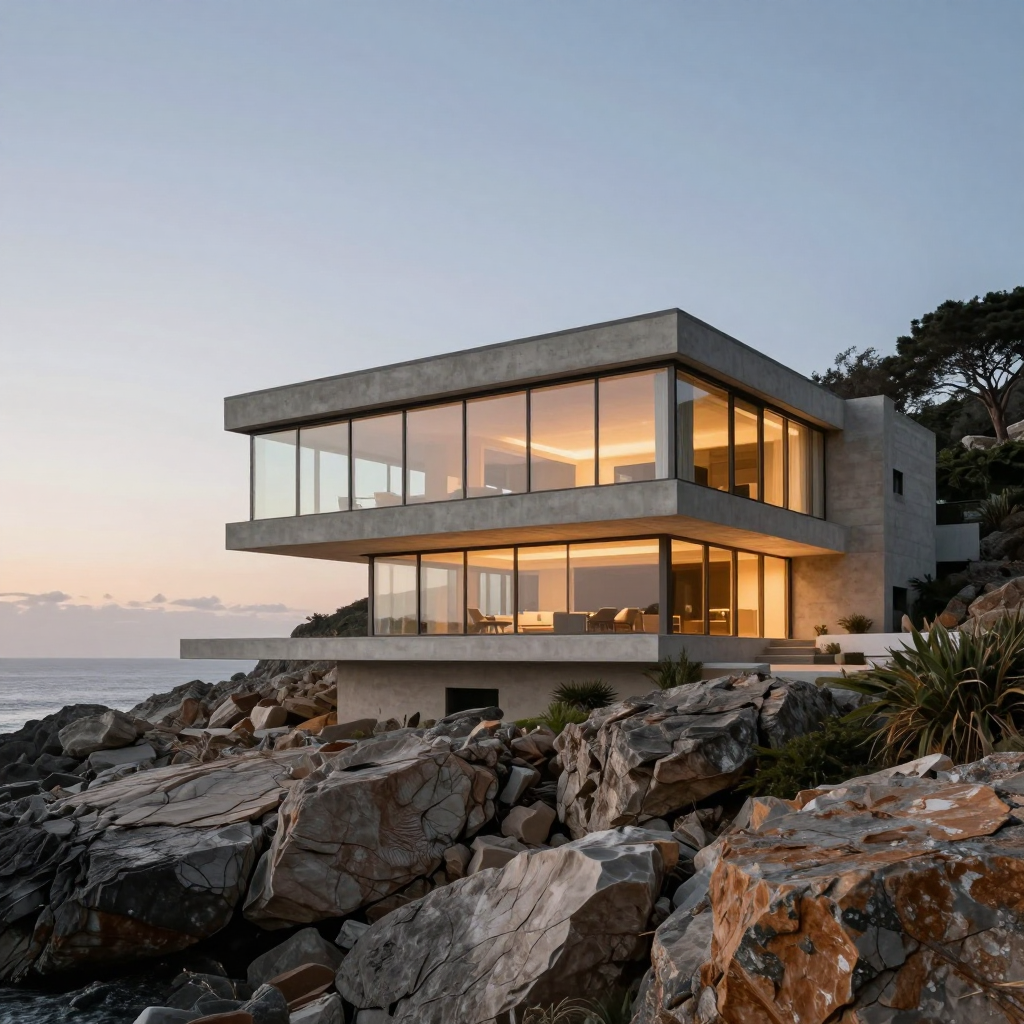 A saved DeepAny Studio Text to Image result: a glass-and-concrete coastal house with warm interior lights at dusk.