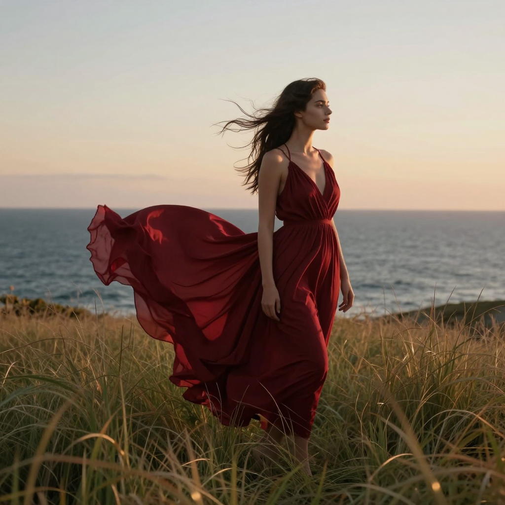 A Studio-generated coastal editorial with a deep-red dress, tall grass, sea breeze and warm sunset light.