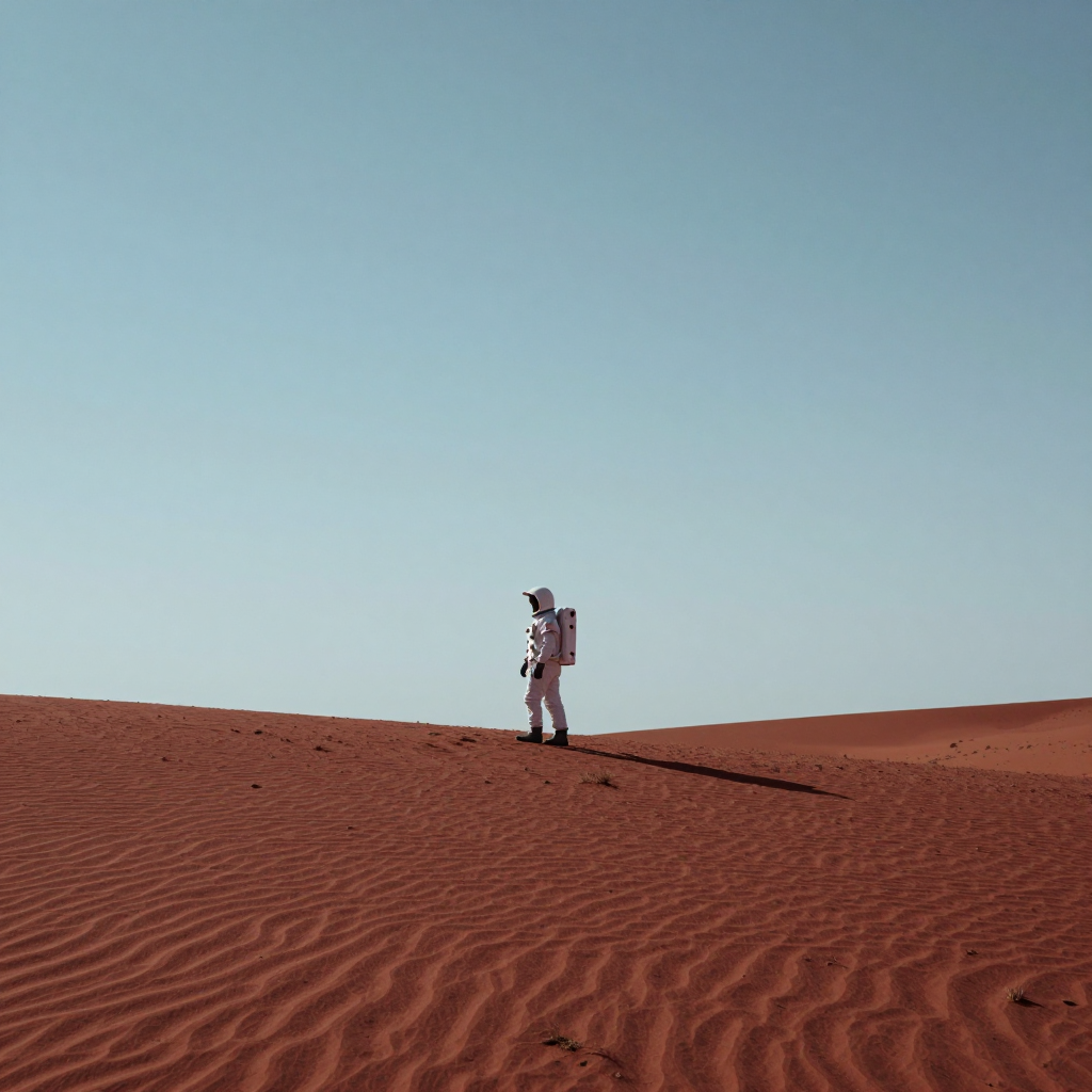 A saved DeepAny Studio Text to Image result: an astronaut standing in a wide red desert landscape.