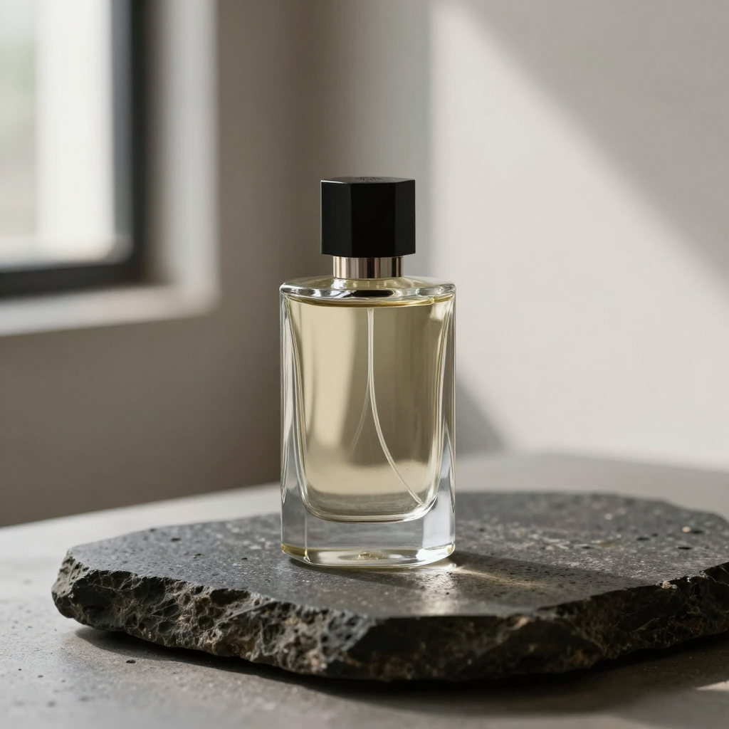 A Studio-generated clear perfume bottle on a dark stone plinth in soft window light.