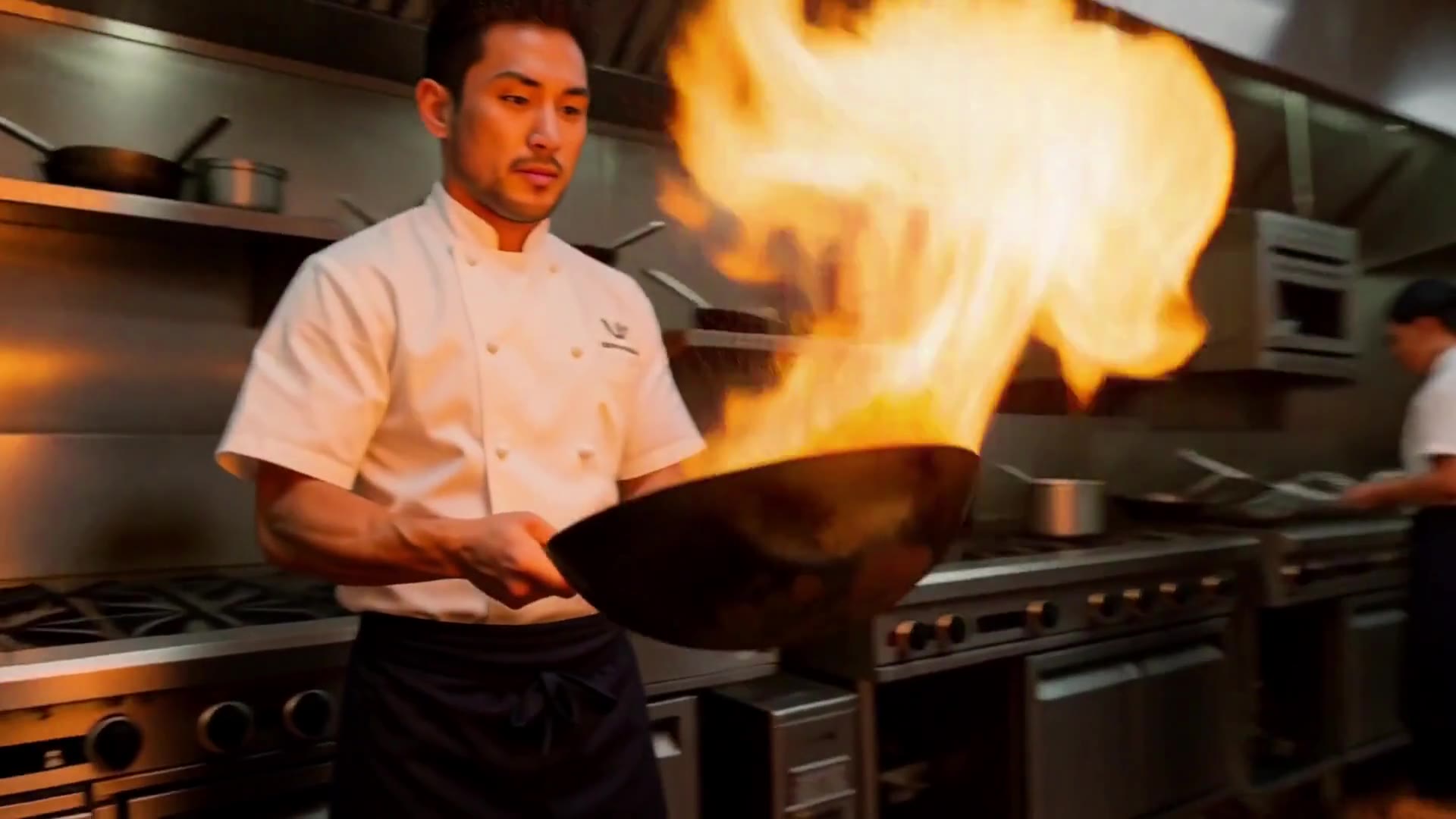 Actual DeepAny Studio Text to Video result: a five-second kitchen shot with a flaming wok toss and a camera that swings around the chef.
