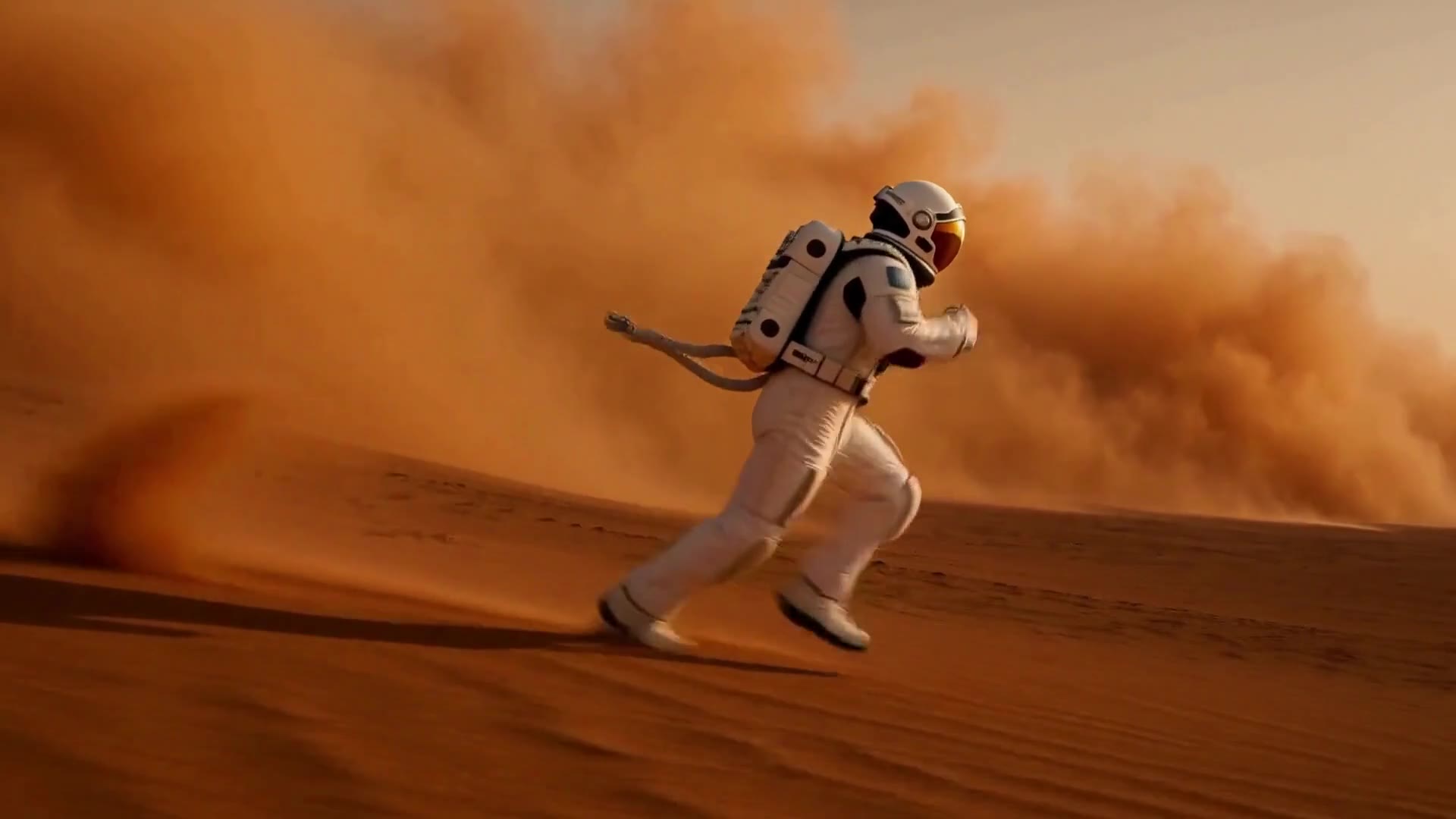 Actual DeepAny Studio Text to Video result: a five-second tracking shot of an astronaut racing a dust storm across Martian dunes.