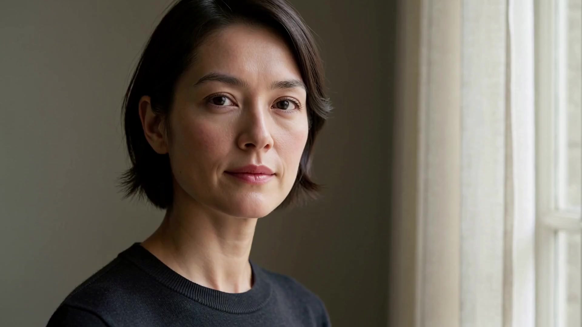 A five-second 1080p portrait with subtle head and eye movement and a gentle camera approach.